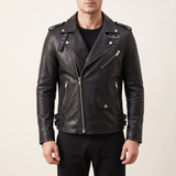 Men's black sheepskin biker jacket, studio front view