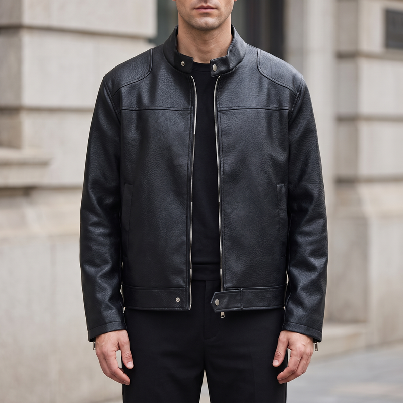 Men's black relaxed faux leather racer jacket, front lifestyle view