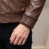 Men's brown faux leather rib-trim jacket, button cuff detail