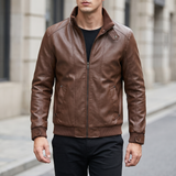 Men's brown faux leather rib-trim jacket, walking lifestyle view