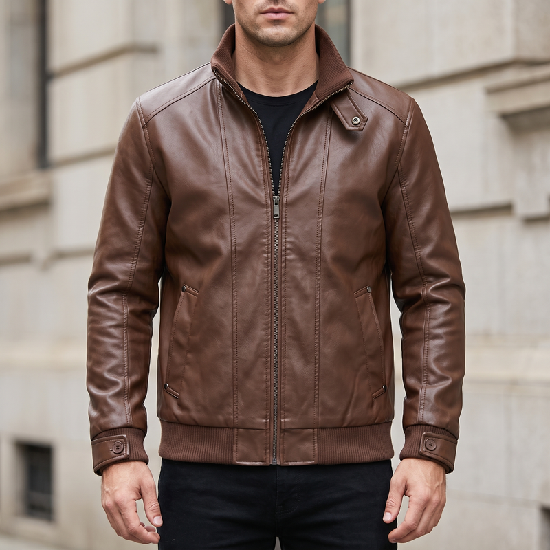 Men's brown faux leather rib-trim jacket, front lifestyle view