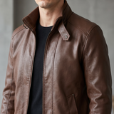 Men's brown faux leather rib-trim jacket, ribbed collar detail