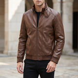 Men's brown faux leather rib-trim jacket, three-quarter lifestyle view