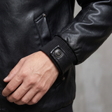 Men's black faux leather rib-trim jacket, button cuff detail