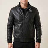 Men's black faux leather rib-trim jacket, studio front view