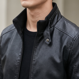 Men's black faux leather rib-trim jacket, ribbed collar detail