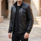 Men's black faux leather rib-trim jacket, three-quarter lifestyle view
