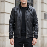 Men's black faux leather rib-trim jacket, front lifestyle view