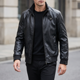 Men's black faux leather rib-trim jacket, walking lifestyle view