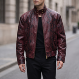 Men's burgundy snake-pattern faux leather bomber jacket, walking lifestyle