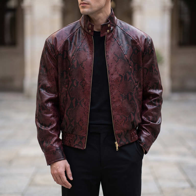 Men's burgundy snake-pattern faux leather bomber jacket, three-quarter lifestyle
