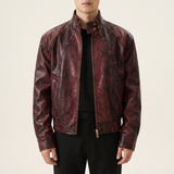 Men's burgundy snake-pattern faux leather bomber jacket, studio front
