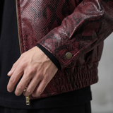 Men's burgundy snake-pattern faux leather bomber jacket, cuff detail