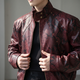 Men's burgundy snake-pattern faux leather bomber jacket, collar detail