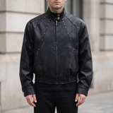 Men's black snake-pattern faux leather bomber jacket, front lifestyle