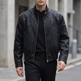 Men's black snake-pattern faux leather bomber jacket, walking lifestyle