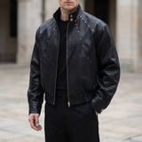 Men's black snake-pattern faux leather bomber jacket, three-quarter lifestyle
