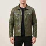 Men's olive green slim faux leather trucker jacket, studio front view