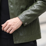 Men's olive green slim faux leather trucker jacket, cuff detail