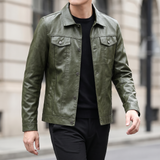 Men's olive green slim faux leather trucker jacket, walking lifestyle view
