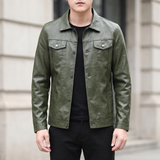 Men's olive green slim faux leather trucker jacket, front lifestyle view