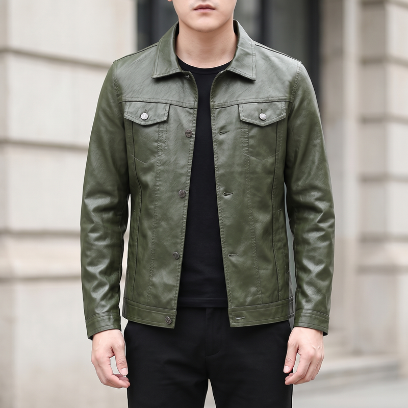 Men's olive green slim faux leather trucker jacket, front lifestyle view