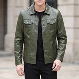 Men's olive green slim faux leather trucker jacket, three-quarter lifestyle view