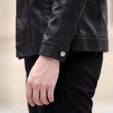 Men's black slim faux leather trucker jacket, cuff detail