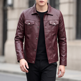Men's burgundy slim faux leather trucker jacket, walking lifestyle view