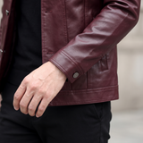 Men's burgundy slim faux leather trucker jacket, cuff detail