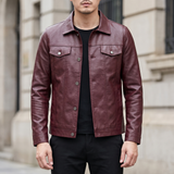 Men's burgundy slim faux leather trucker jacket, front lifestyle view