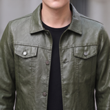 Men's olive green slim faux leather trucker jacket, collar detail