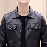 Men's black slim faux leather trucker jacket, collar detail