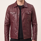 Men's burgundy slim faux leather trucker jacket, studio front view