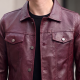 Men's burgundy slim faux leather trucker jacket, collar detail