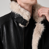 Men's black faux leather aviator jacket with faux fur collar, collar detail