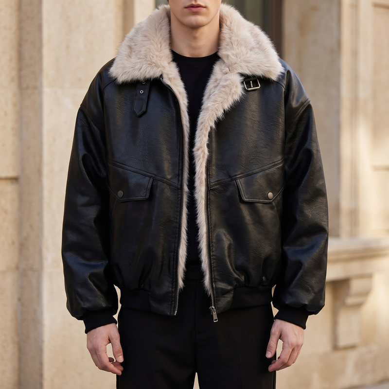 Men's black faux leather aviator jacket with faux fur collar, front lifestyle view