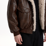Men's brown faux leather aviator jacket with faux fur collar, cuff detail