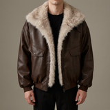 Men's brown faux leather aviator jacket with faux fur collar, studio view