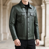 Men's green cowhide leather trucker jacket, lifestyle view