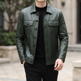 Men's green cowhide leather trucker jacket, walking lifestyle view