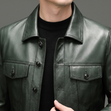 Men's green cowhide leather trucker jacket, collar detail