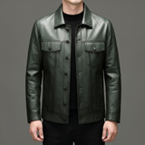 Men's green cowhide leather trucker jacket, studio view