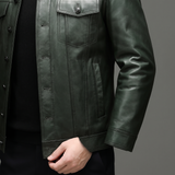 Men's green cowhide leather trucker jacket, cuff detail