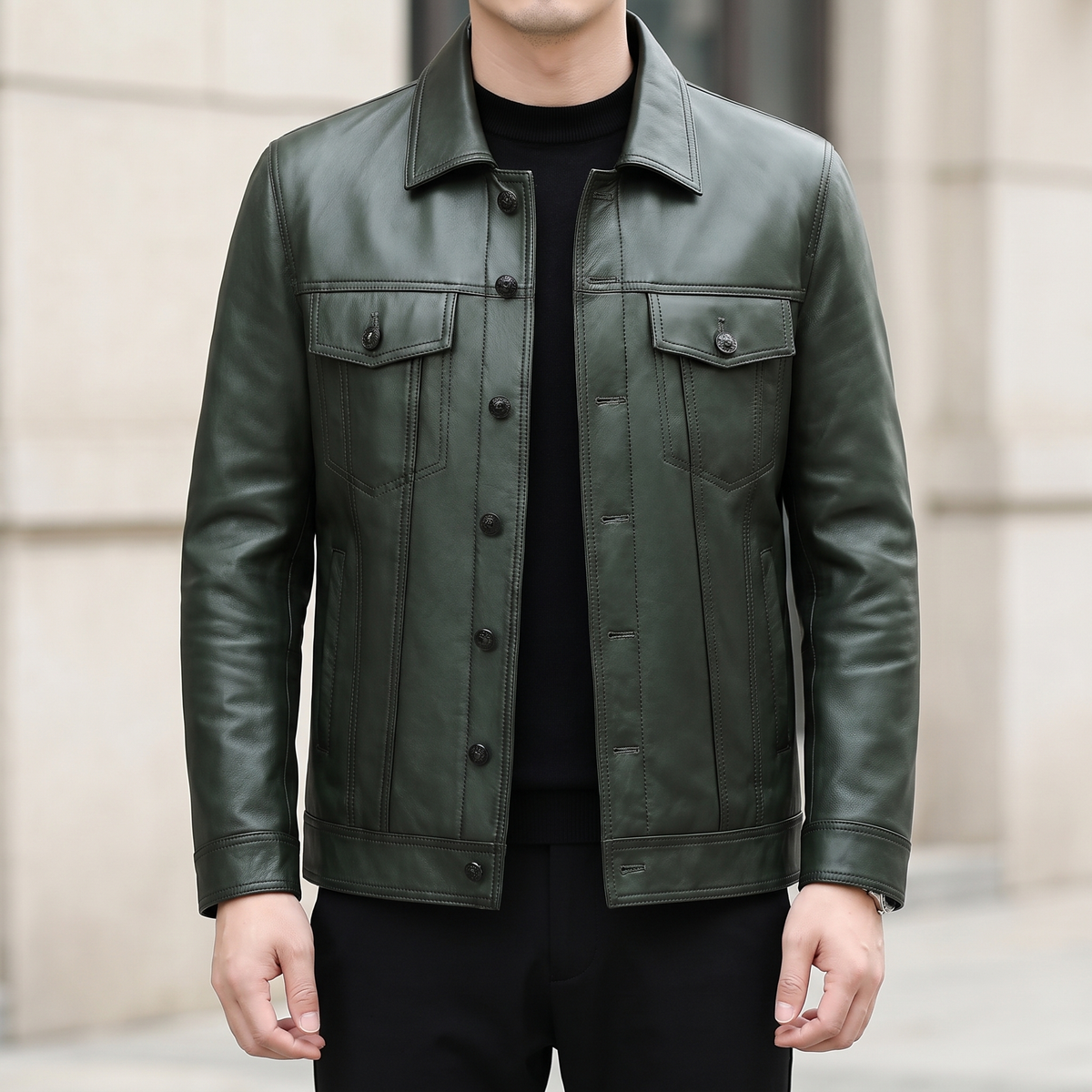 Men's green cowhide leather trucker jacket, front lifestyle view