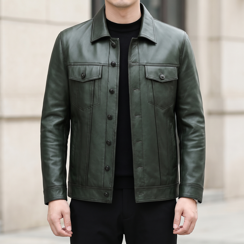 Men's green cowhide leather trucker jacket, front lifestyle view