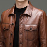 Men's brown cowhide leather trucker jacket, collar detail