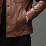 Men's brown cowhide leather trucker jacket, cuff detail