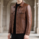 Men's brown cowhide leather trucker jacket, lifestyle view