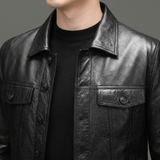 Men's black cowhide leather trucker jacket, collar detail